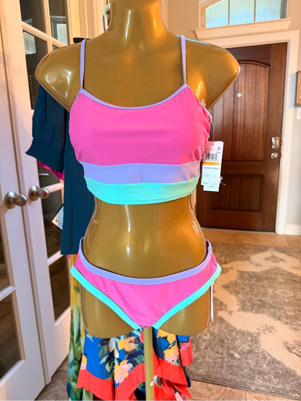 Salt + Cove Pink, Lavender & Mint Colorblock Bikini Set Small